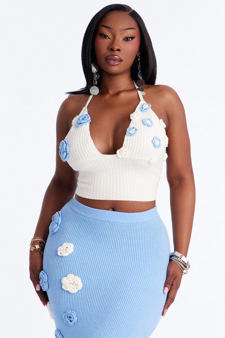 Mae Flower Sweater Midi Skirt Set - Light Blue