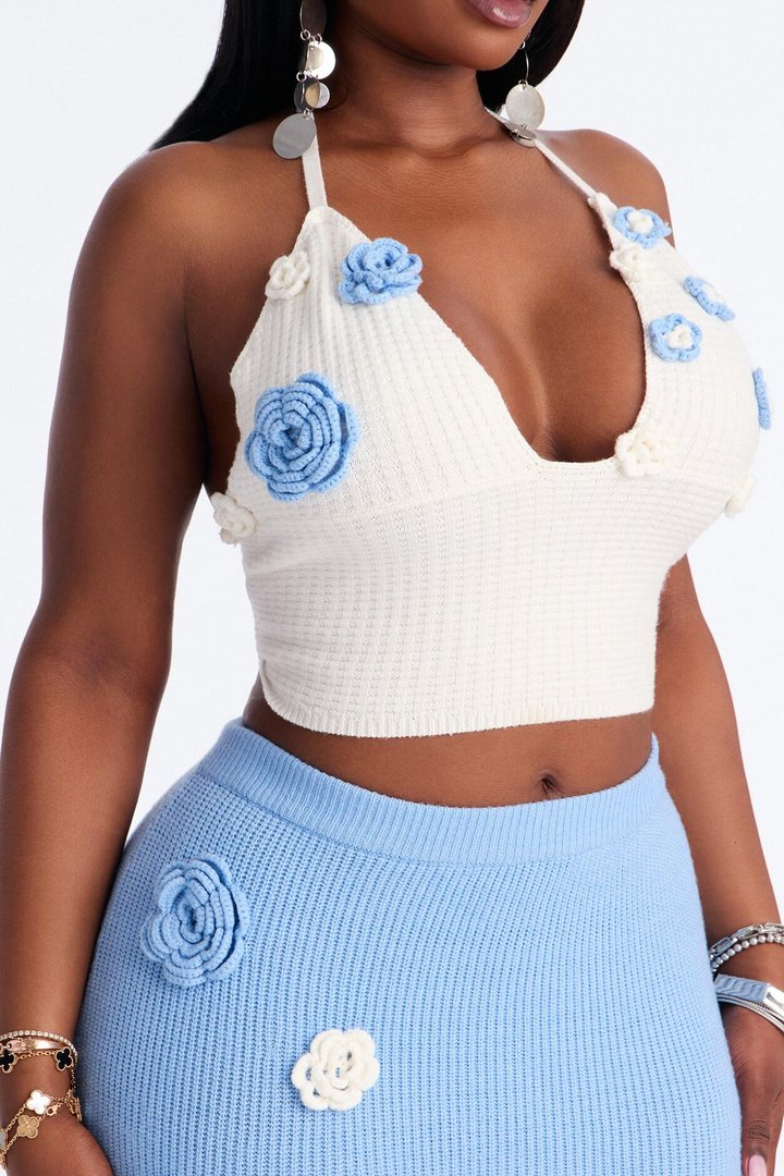 Mae Flower Sweater Midi Skirt Set - Light Blue