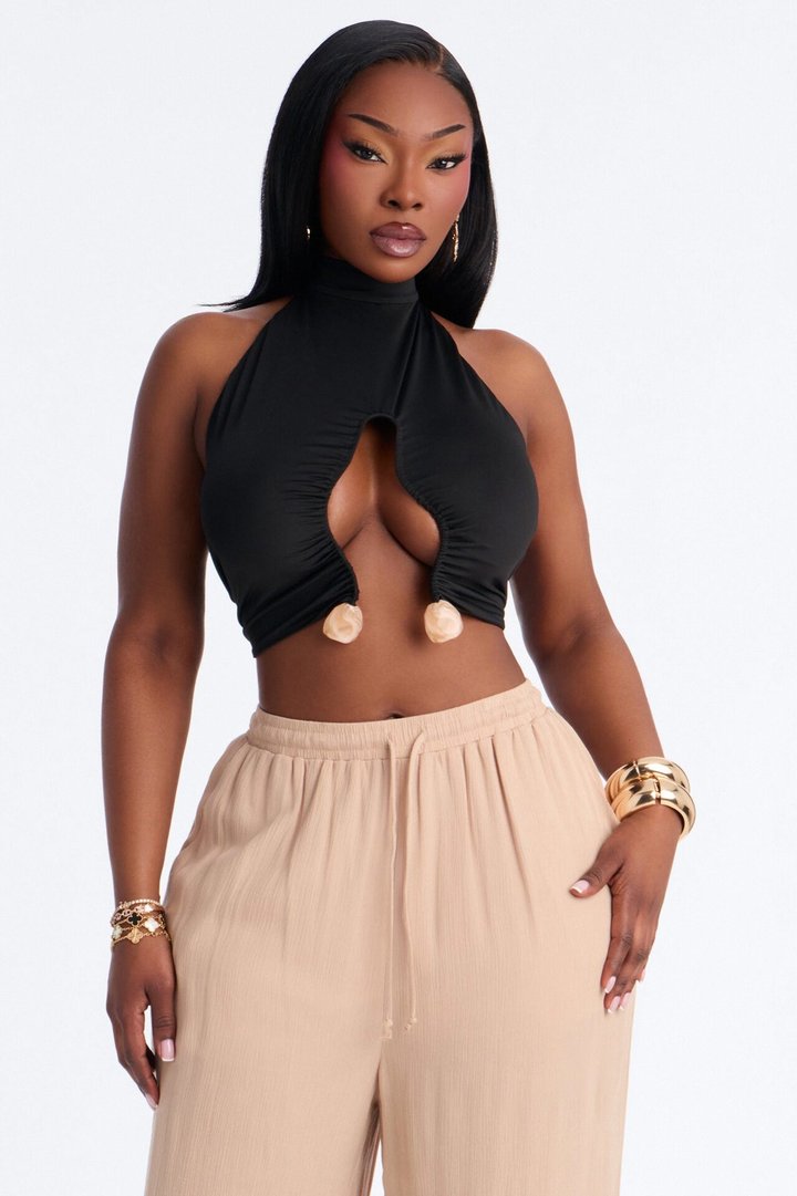 Bora Bora Stone Mock Neck Halter Top - Black