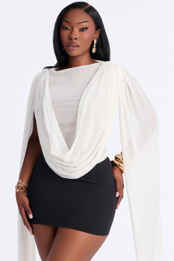 Ethereal Energy Mesh Mock Neck Drape Top - White