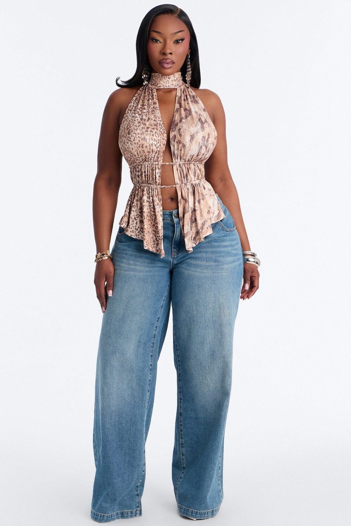 Fierce Attraction High Neck Flyaway Halter Top - Taupe/combo