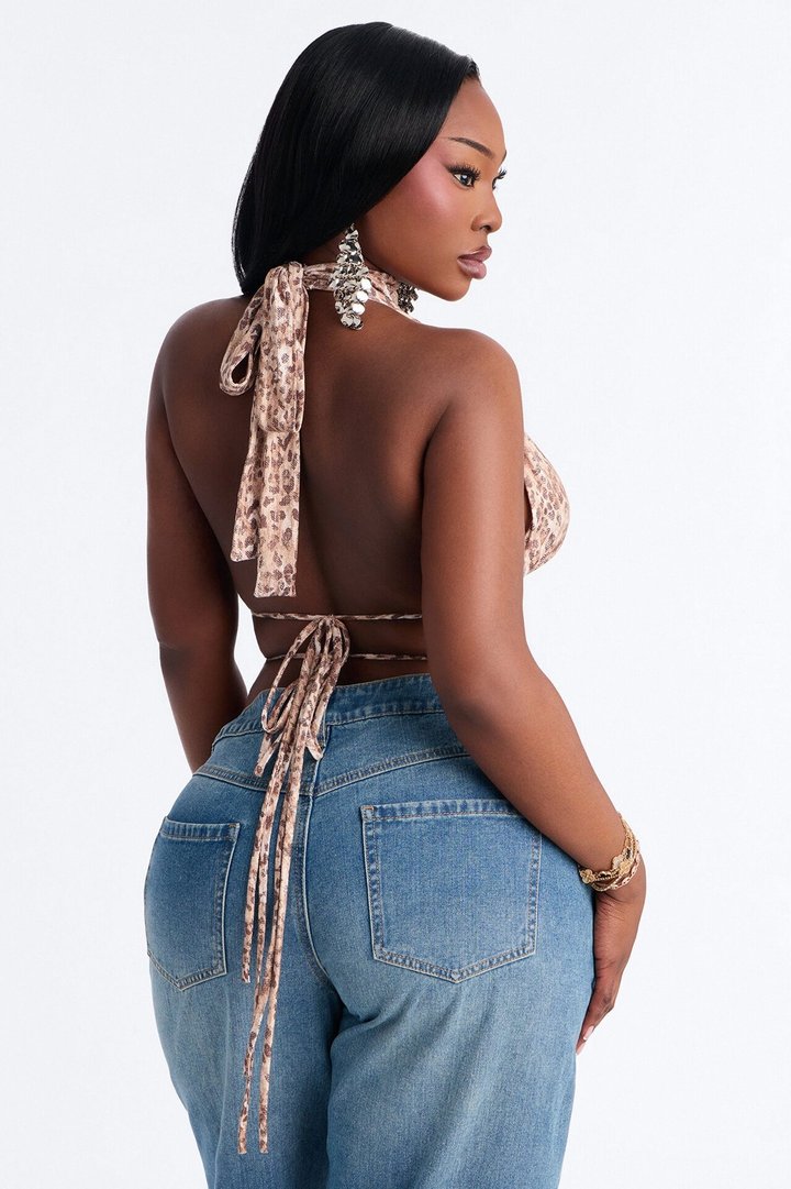 Fierce Attraction High Neck Flyaway Halter Top - Taupe/combo