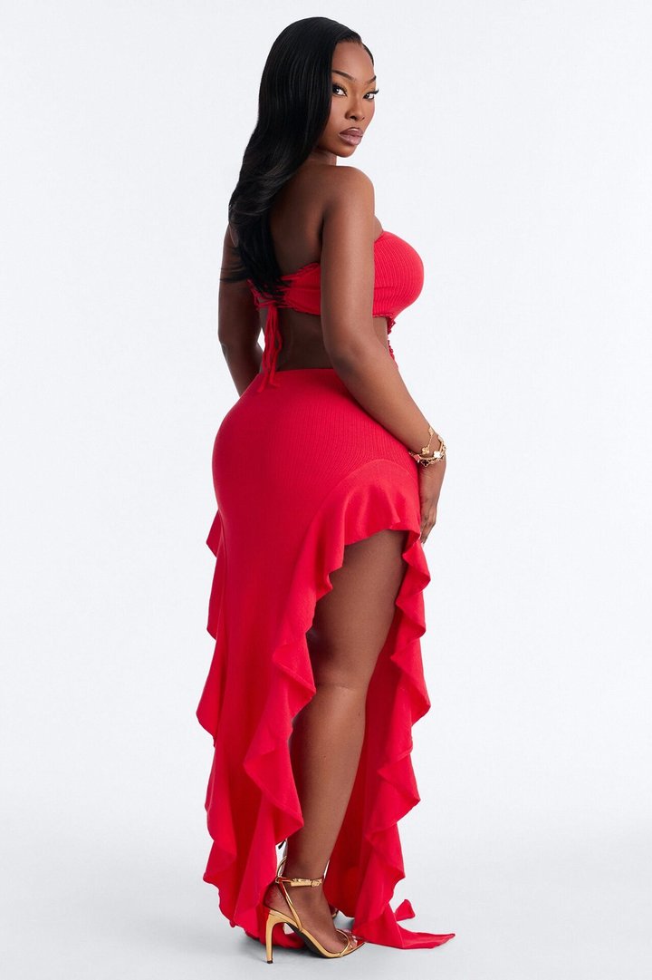Baddie Behavior Ruffle Ribbed Maxi Dress - Red
