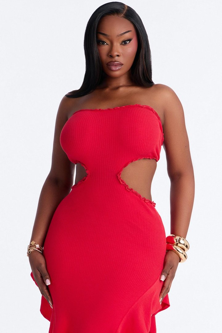 Baddie Behavior Ruffle Ribbed Maxi Dress - Red