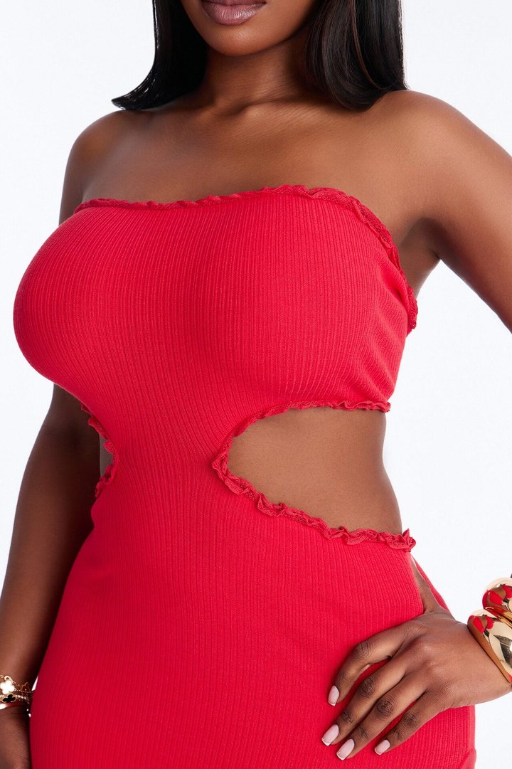 Baddie Behavior Ruffle Ribbed Maxi Dress - Red