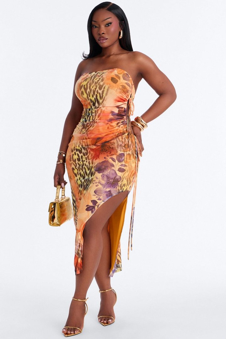 Kala Animal Mesh Midi Dress - Orange/combo