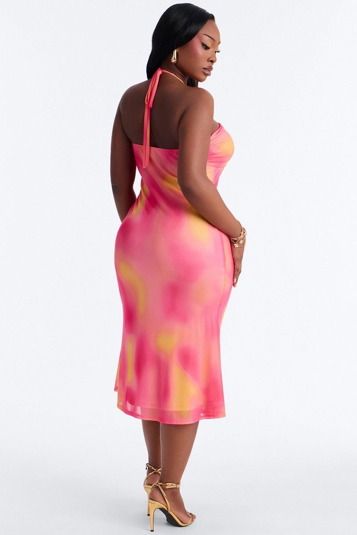 Gisella Tie Dye Mesh Midi Dress - Pink/combo
