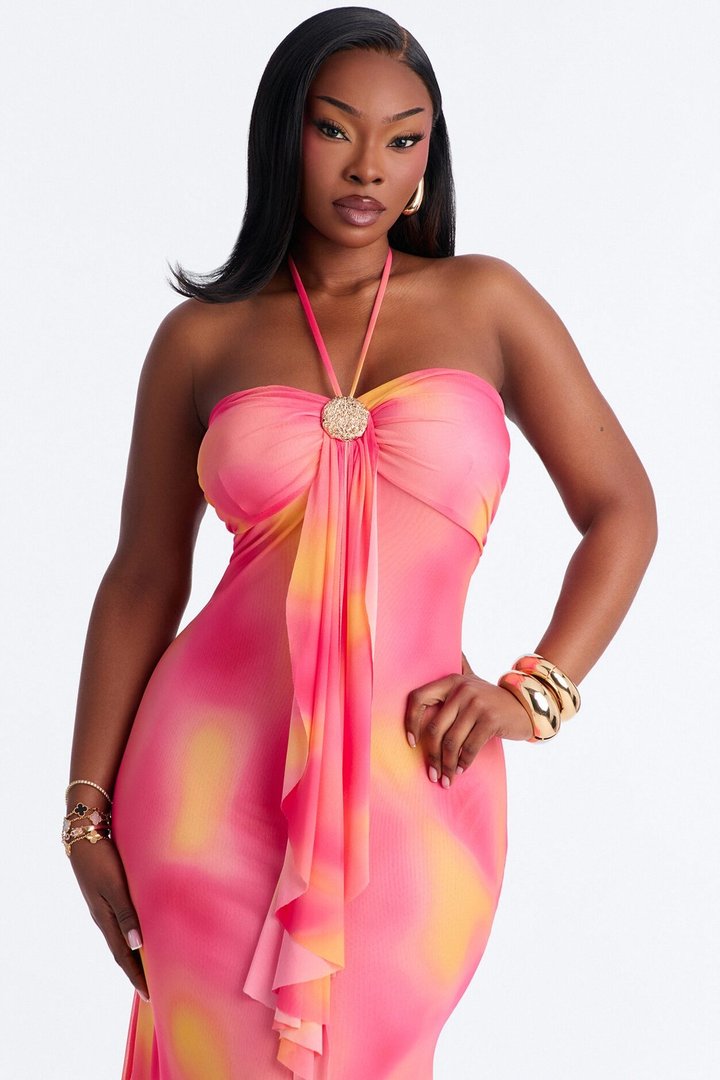 Gisella Tie Dye Mesh Midi Dress - Pink/combo