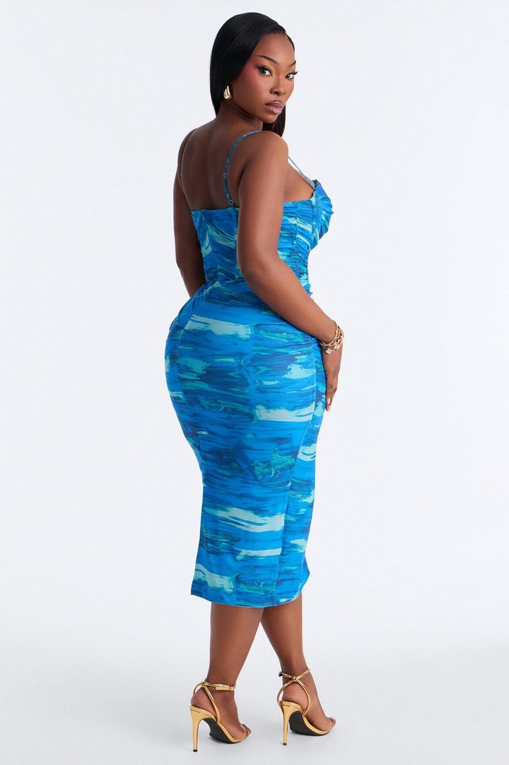 Jordan Corset Tie Dye Mesh Midi Dress - Blue