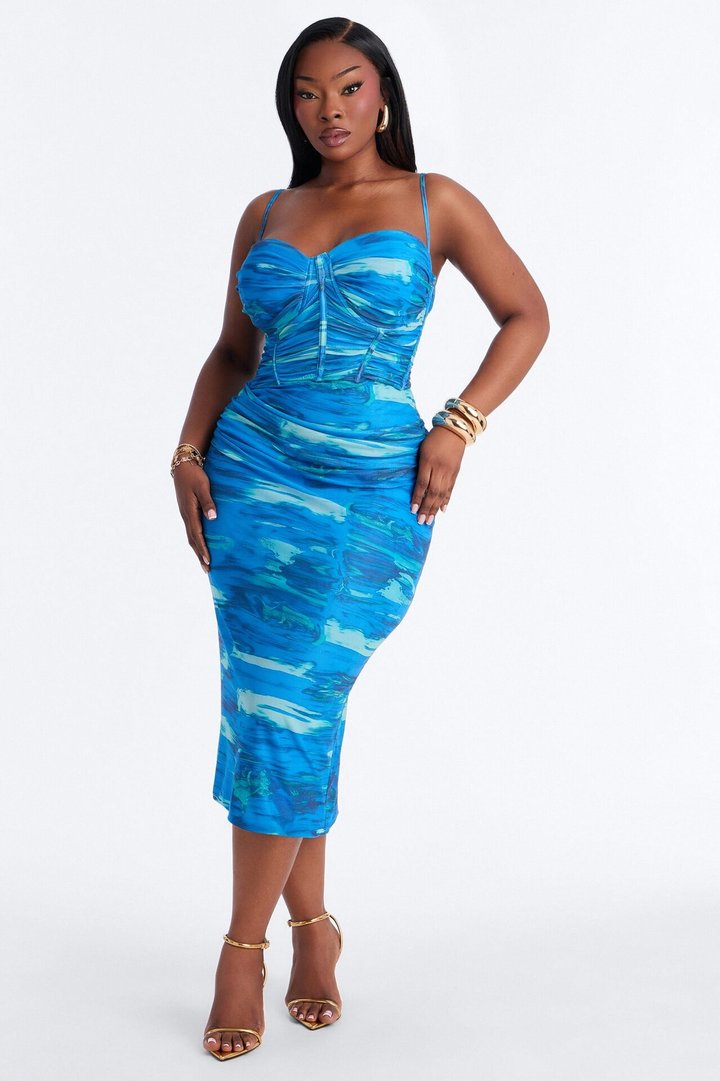 Jordan Corset Tie Dye Mesh Midi Dress - Blue