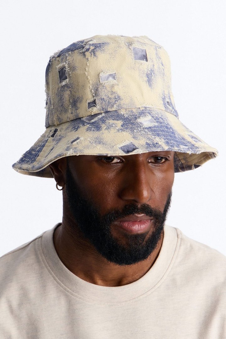Distressed Detail Painted Denim Bucket Hat - Cream/combo