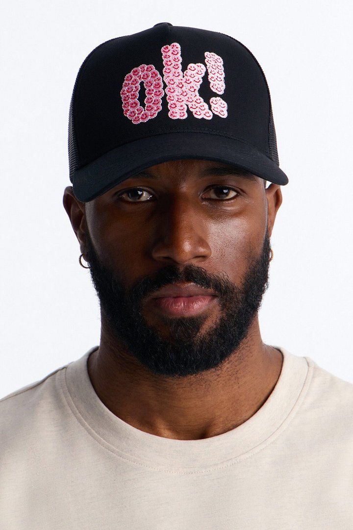 Smiling Ok Patch Snapback Trucker Hat - Black