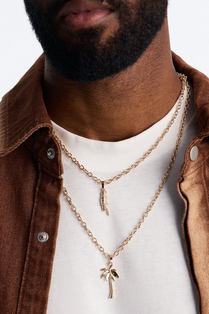 Layered Island Pendant Necklace Set - Gold