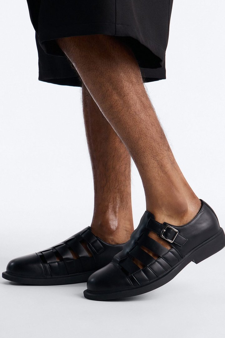 Faux Leather Closed Toe Fisherman Sandal - Black