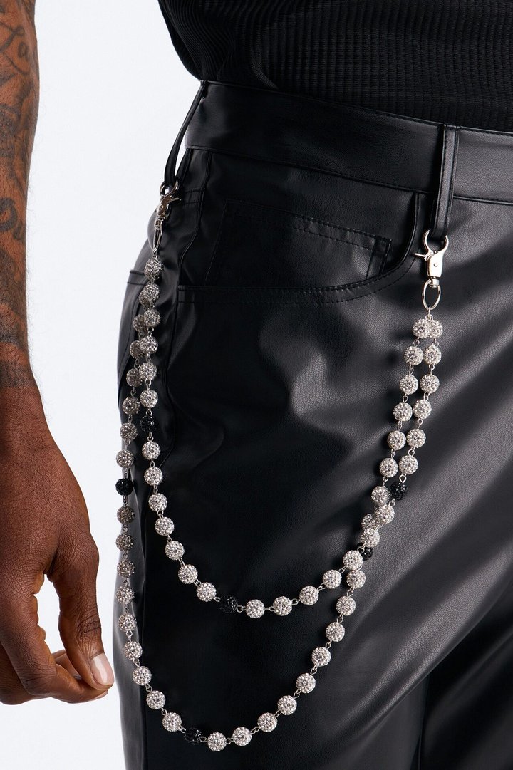 Iced Beaded Layered Pant Chain - Silver