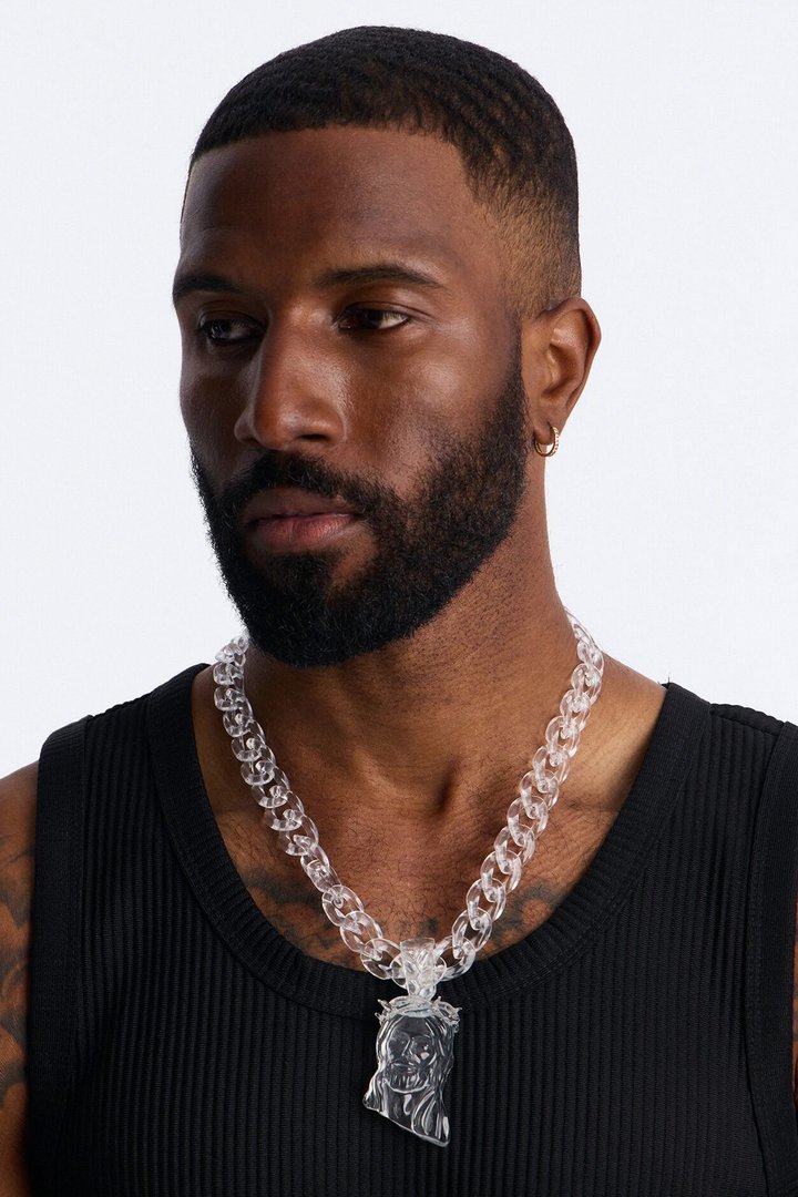 Thick Clear Jesus Cuban Link Necklace - Clear