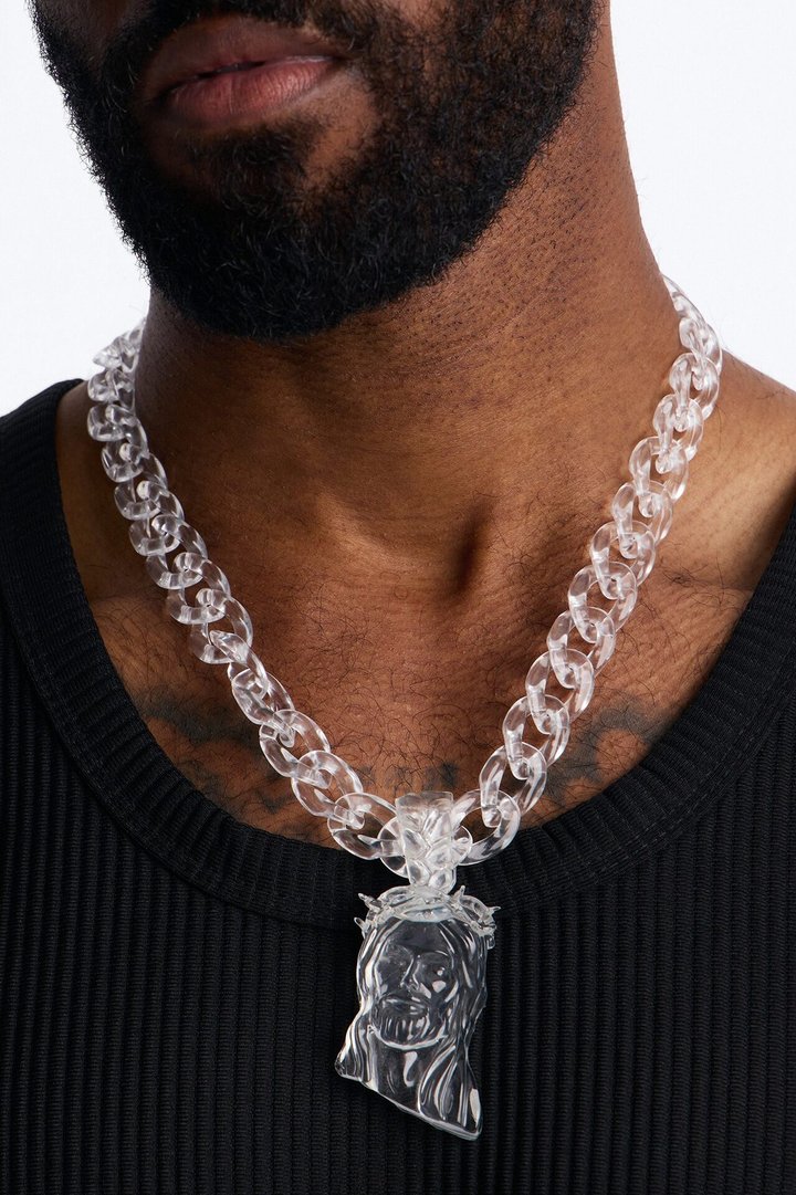 Thick Clear Jesus Cuban Link Necklace - Clear