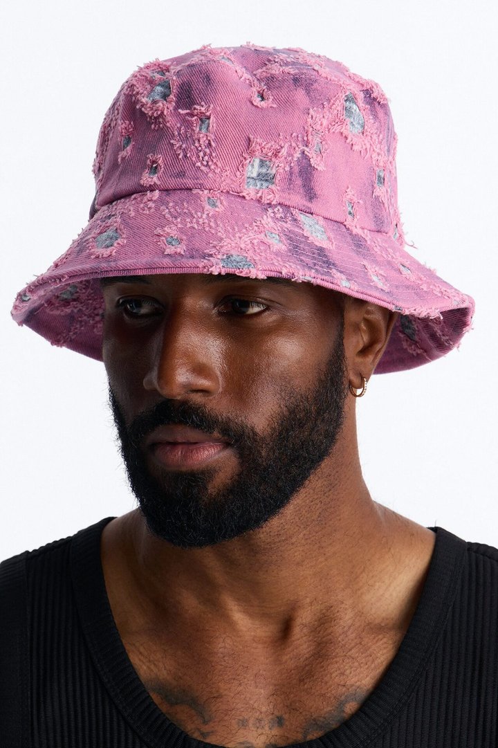 Distressed Detail Washed Denim Bucket Hat - Pink