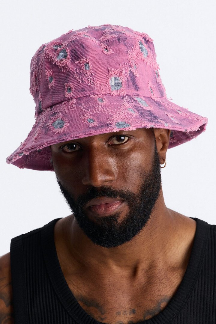 Distressed Detail Washed Denim Bucket Hat - Pink
