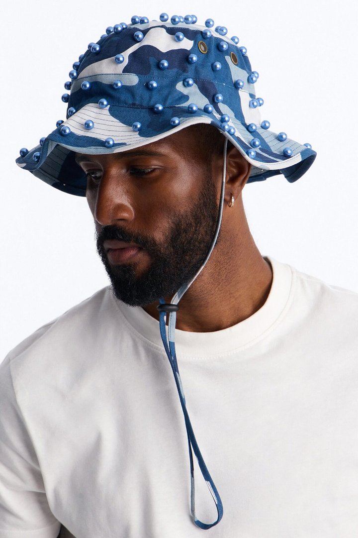 Camo Pearled Bucket Hat - Blue/combo