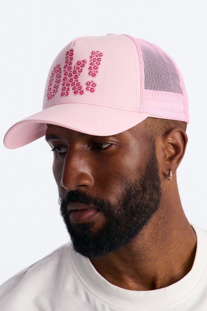 Smiling Ok Patch Snapback Trucker Hat - Light Pink