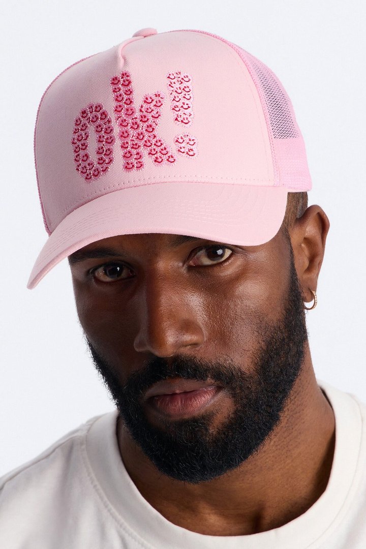 Smiling Ok Patch Snapback Trucker Hat - Light Pink