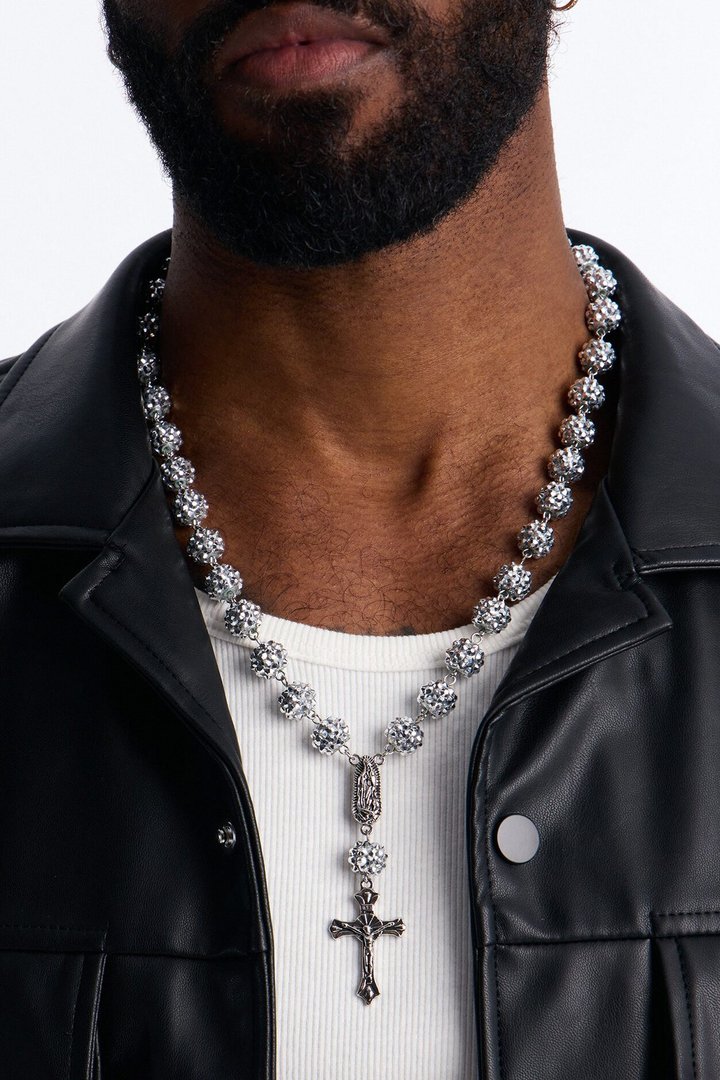 Flash Out Iced Beaded Rosary Chain Necklace - Silver