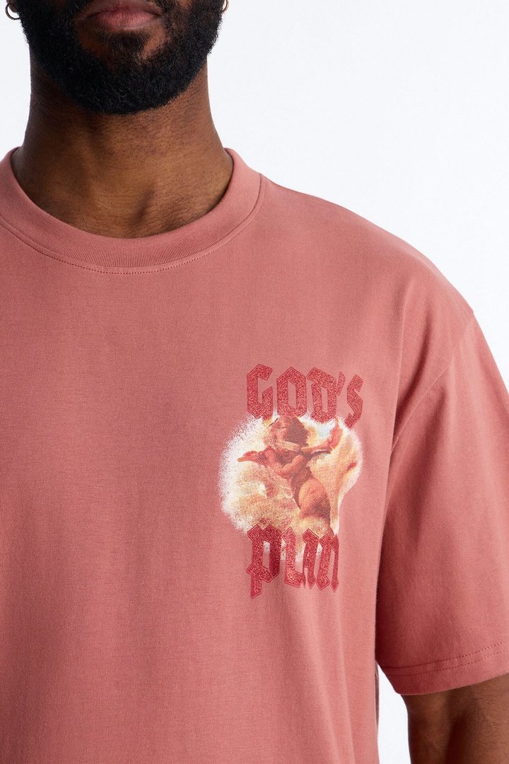 God's Plan Glitter Print Oversized Short Sleeve Tee - Mauve