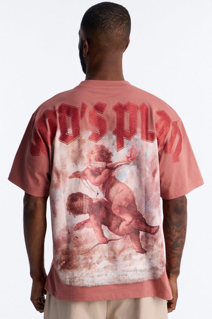 God's Plan Glitter Print Oversized Short Sleeve Tee - Mauve