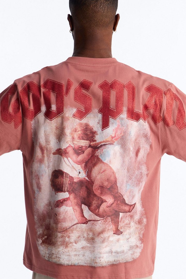God's Plan Glitter Print Oversized Short Sleeve Tee - Mauve