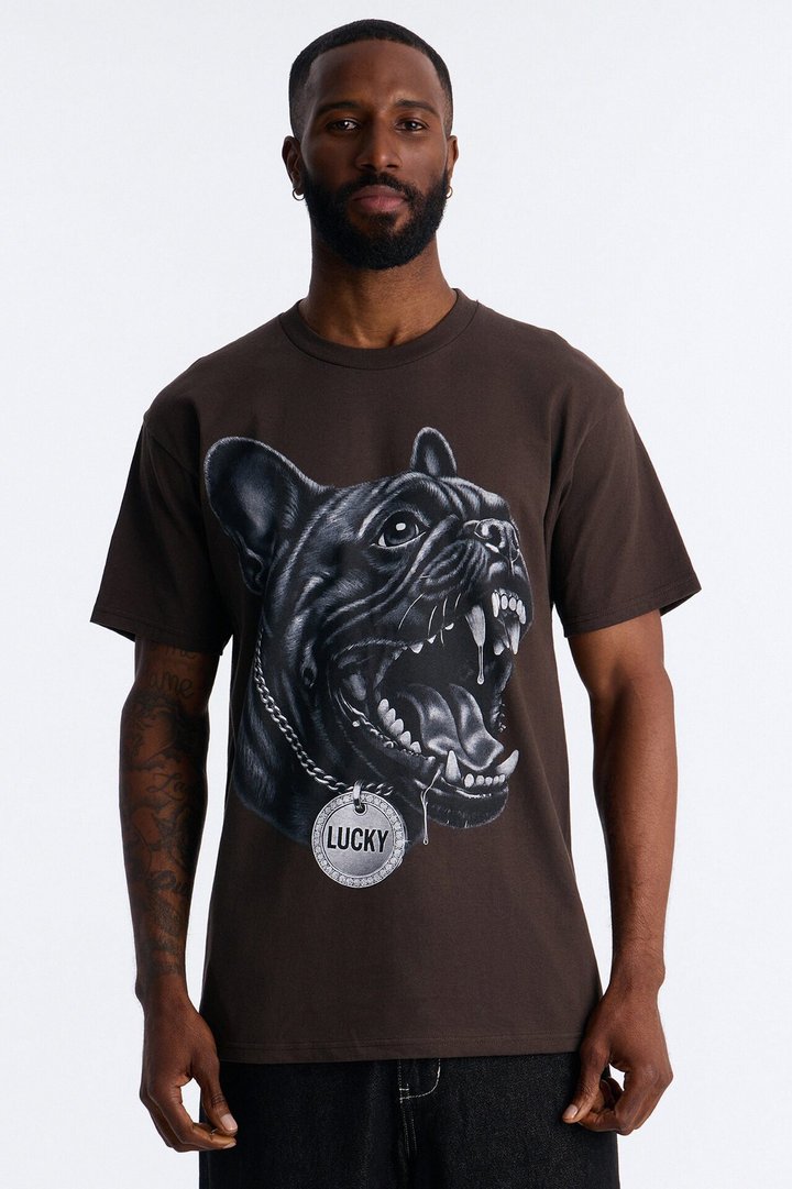 Lucky French Oversized Short Sleeve Tee - Brown