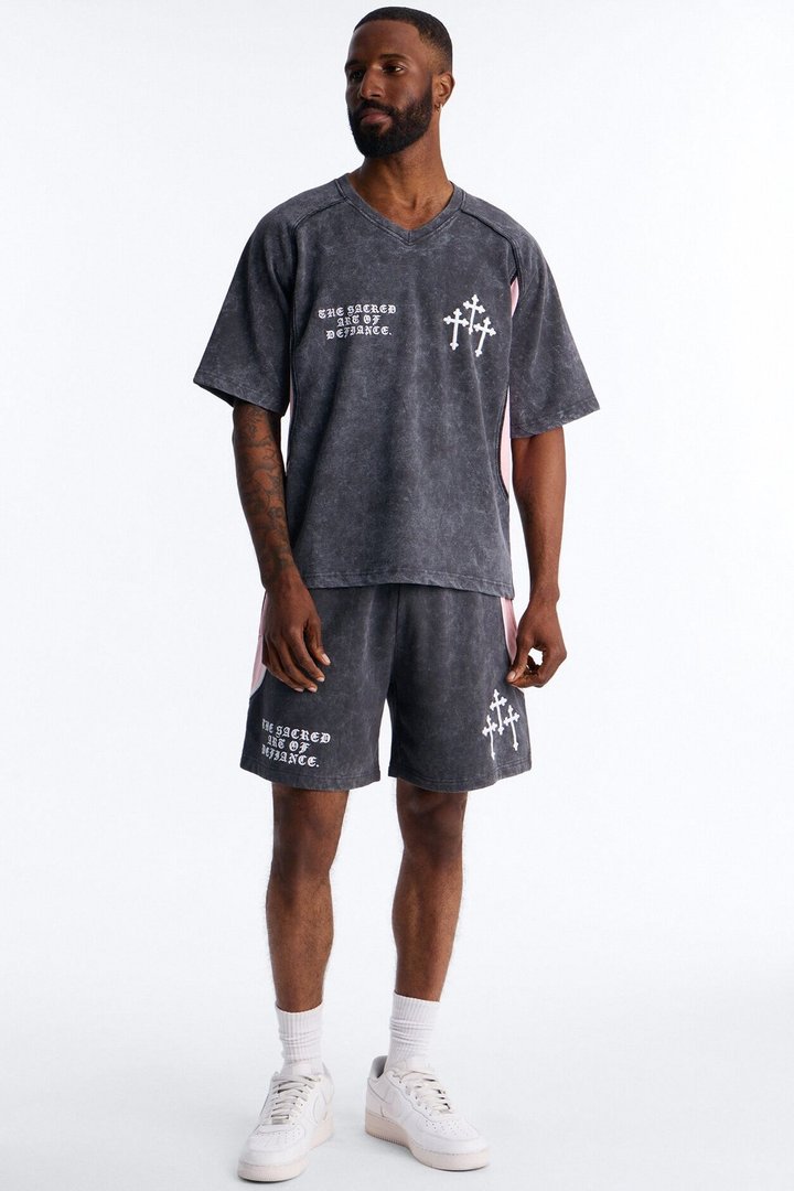 Sacred Embroidery Paneled Fleece Tee - Black