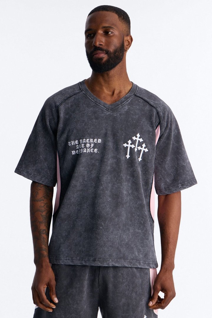 Sacred Embroidery Paneled Fleece Tee - Black