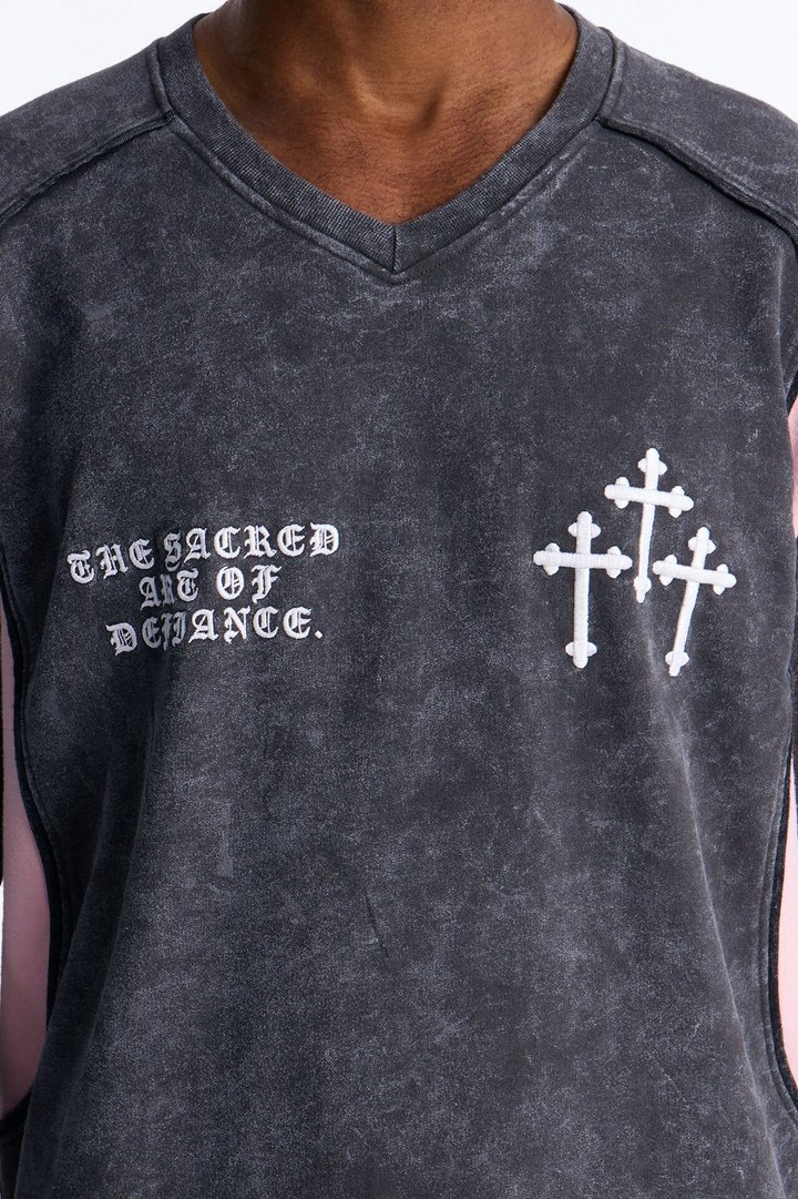 Sacred Embroidery Paneled Fleece Tee - Black