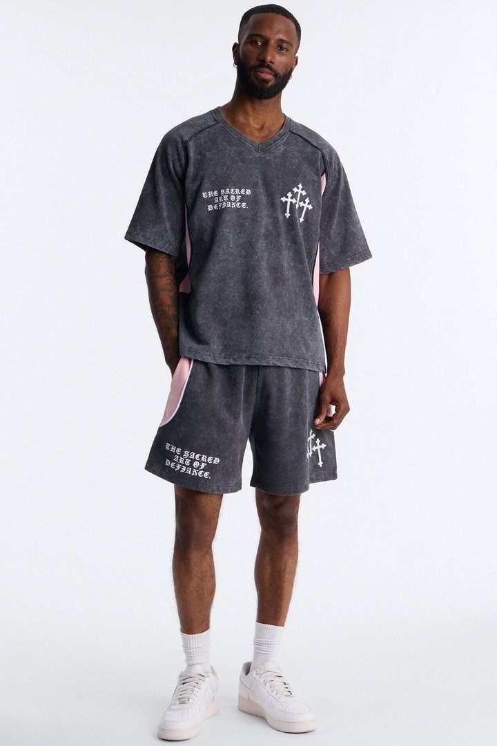 Sacred Embroidery Paneled Sweatshorts - Black