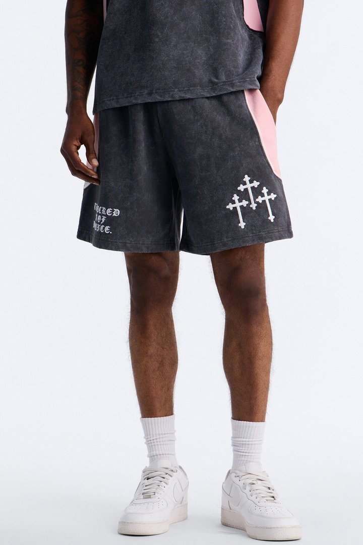 Sacred Embroidery Paneled Sweatshorts - Black