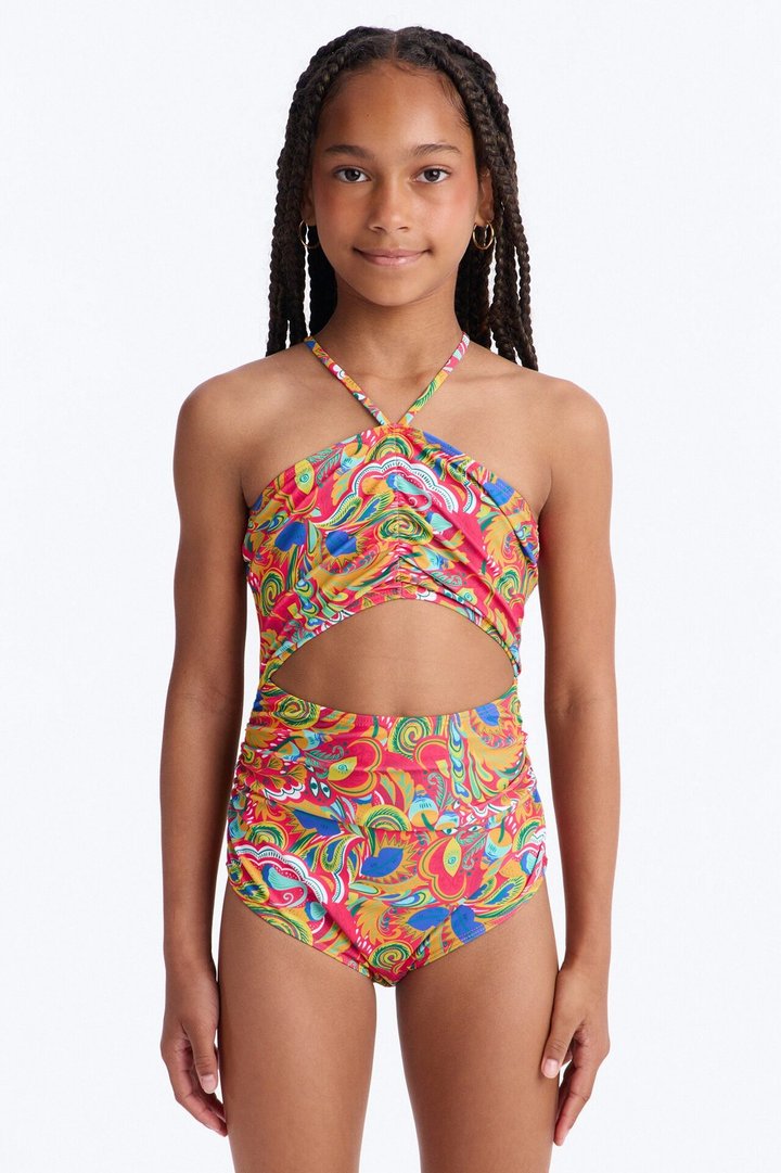 Mini Khloe Contrast Threading 1 Piece Swimsuit - Hot Pink/combo