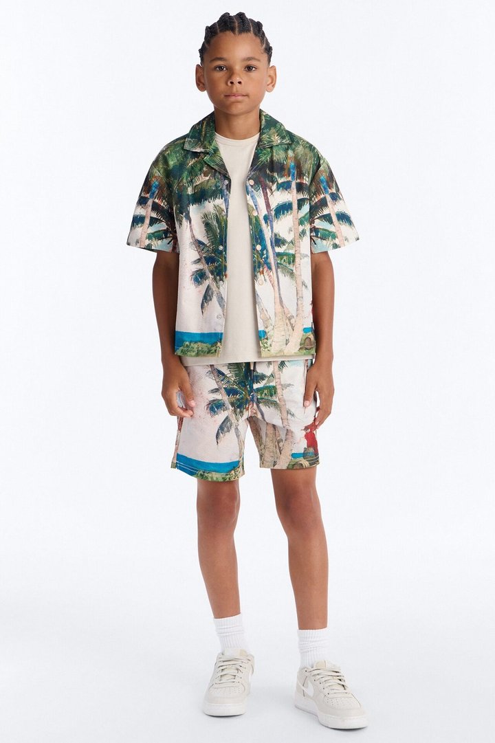 Mini Tropical Get Away Printed Seersucker Cuban Collar Button Up Shirt - Multi Color