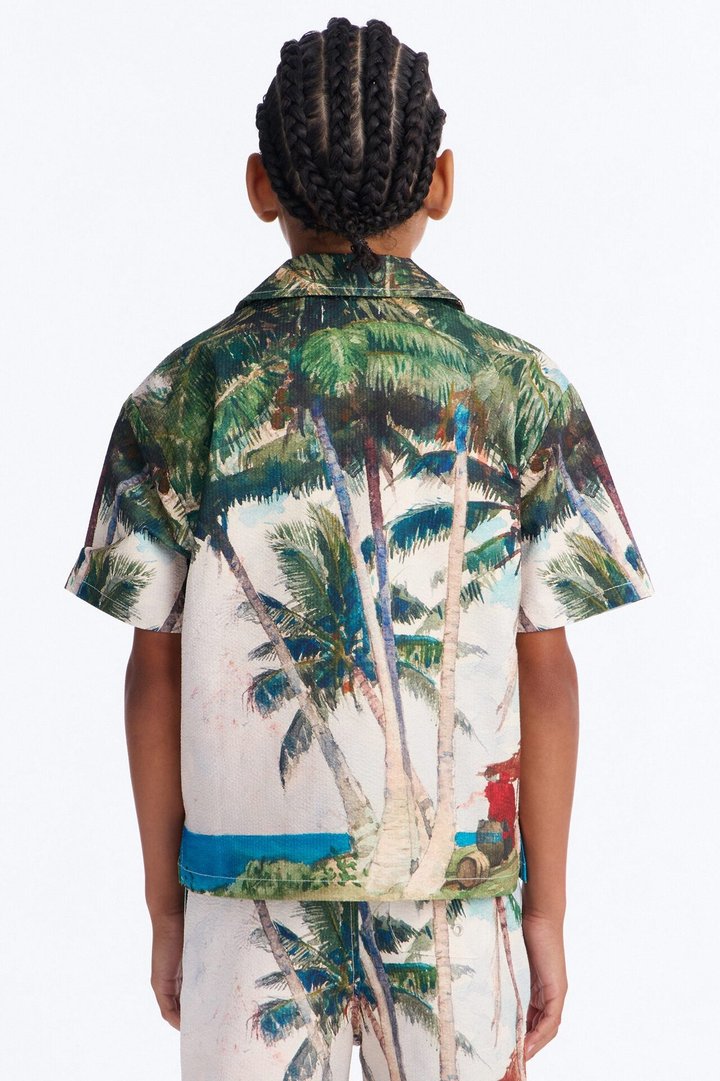 Mini Tropical Get Away Printed Seersucker Cuban Collar Button Up Shirt - Multi Color
