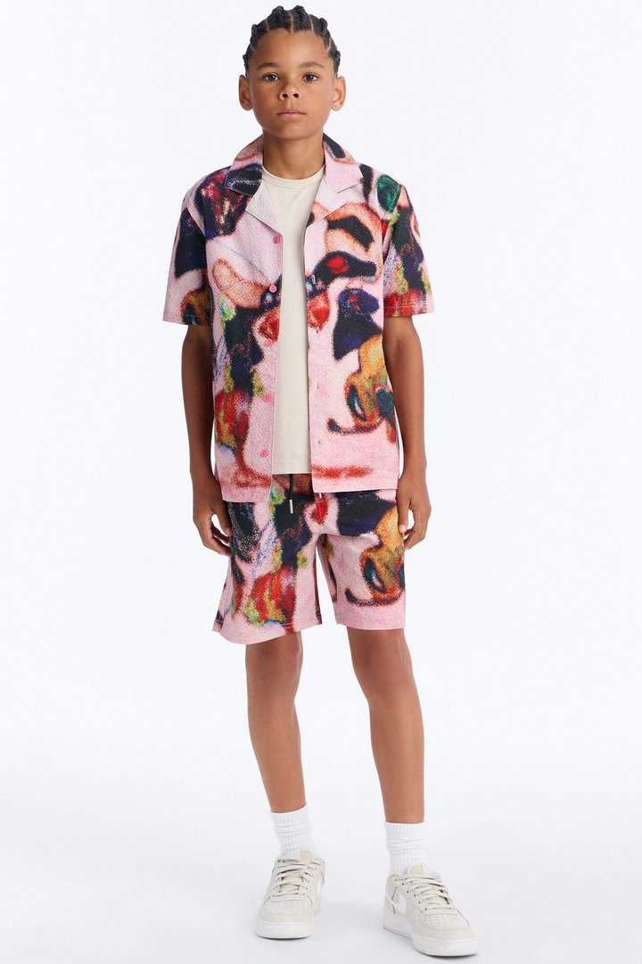 Mini Relaxed Euphoric Blur Seersucker Cuban Button Up Shirt - Multi Color