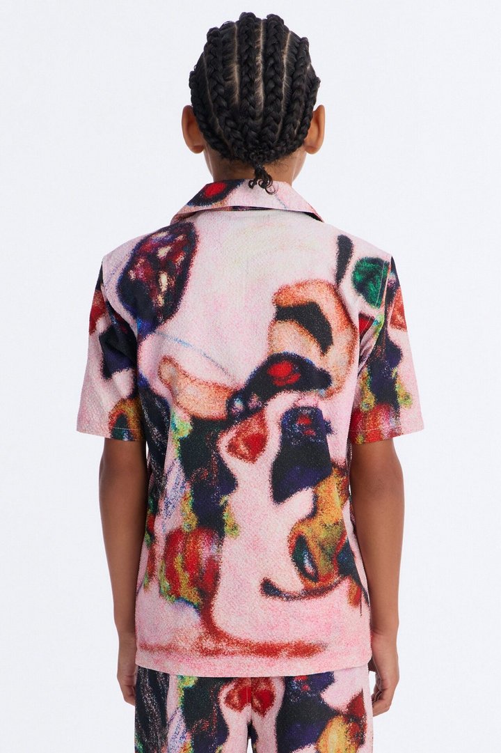 Mini Relaxed Euphoric Blur Seersucker Cuban Button Up Shirt - Multi Color