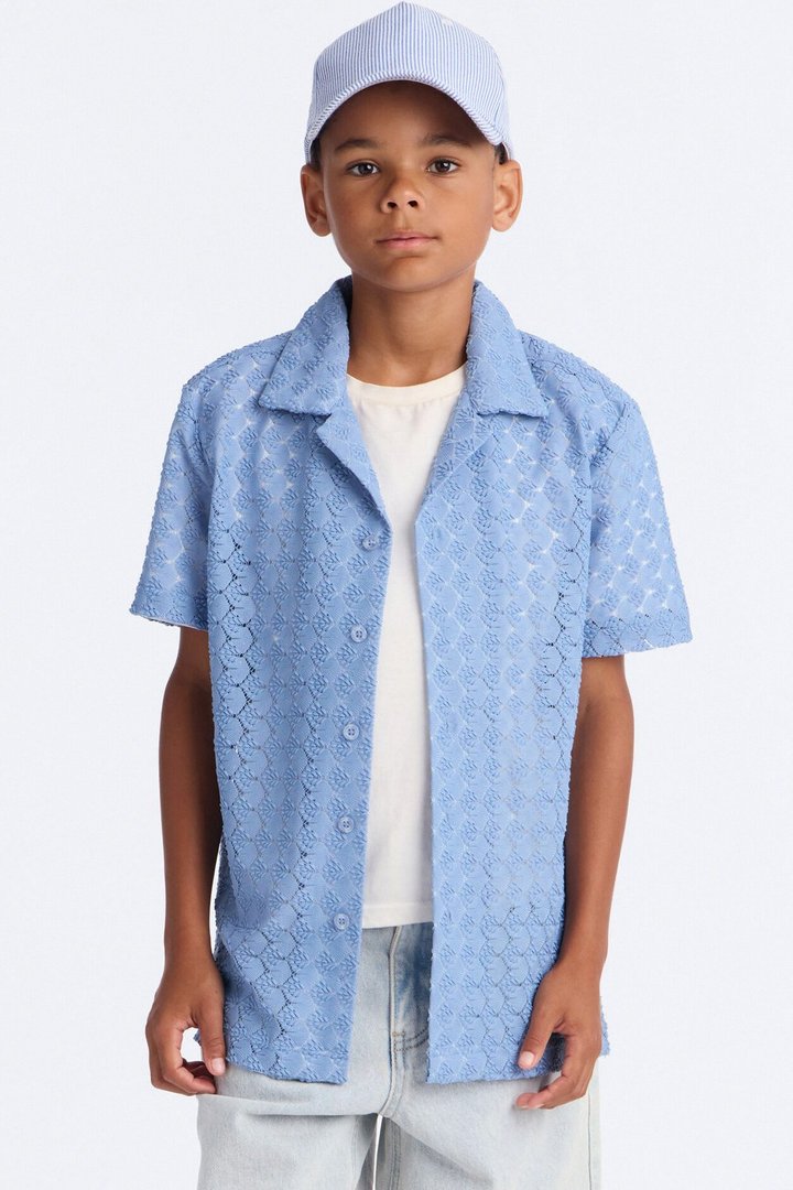 Mini Take The Leap Textured Button Down Shirt - Slate Blue