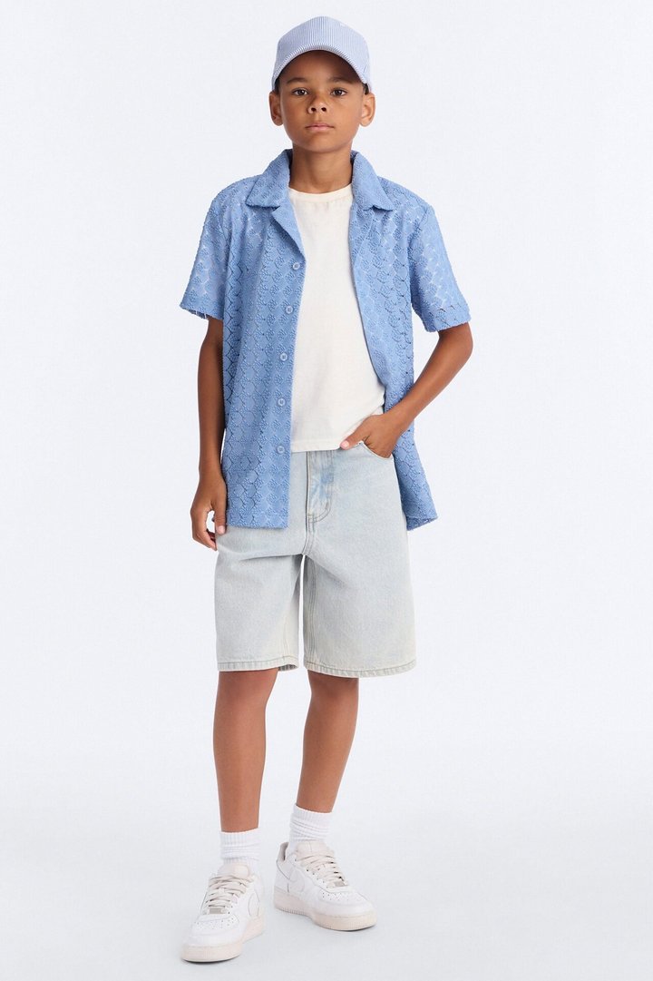 Mini Take The Leap Textured Button Down Shirt - Slate Blue