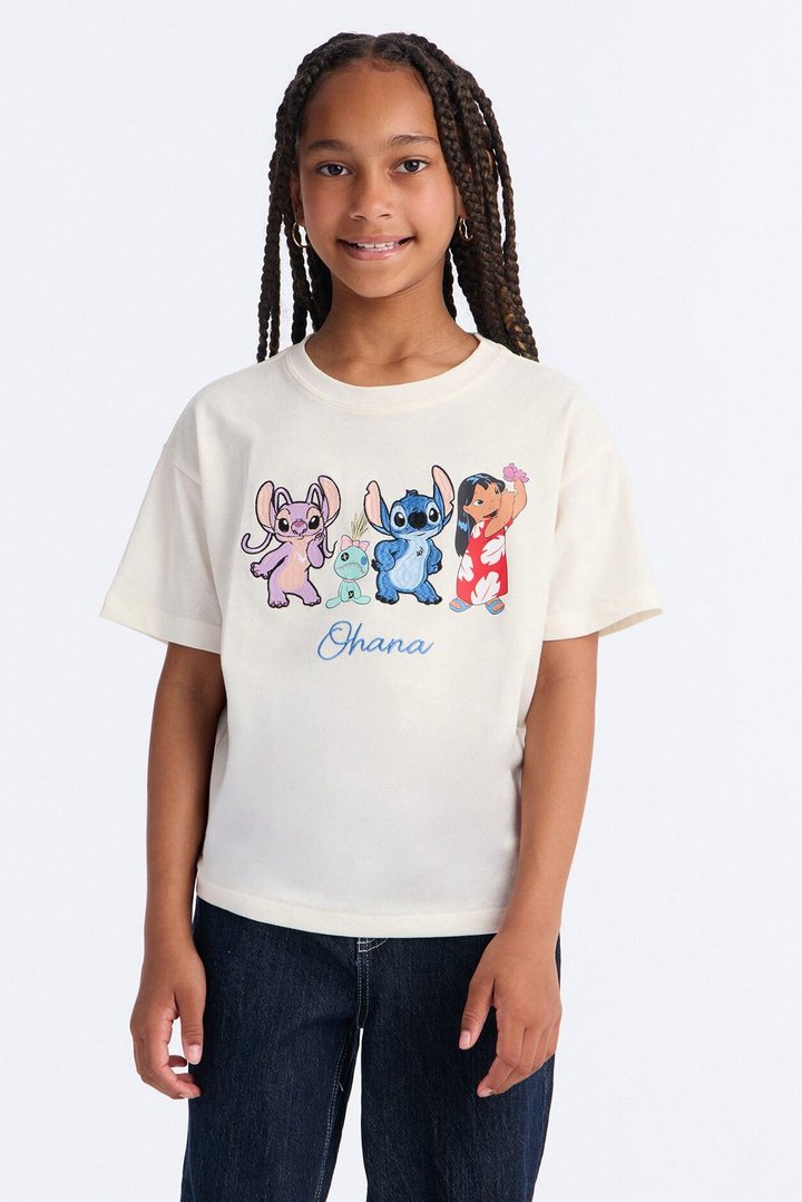 Mini Lilo And Stitch Ohana Front/Back Short Sleeve Tee - Ivory