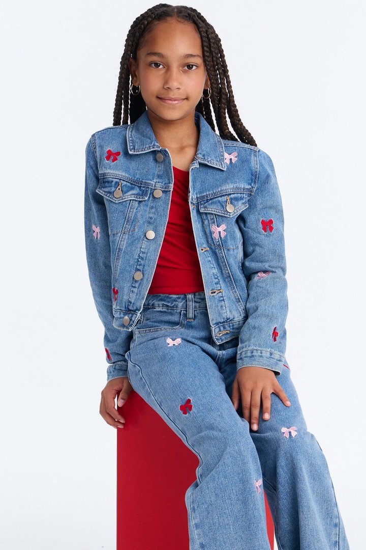 Mini Clara Embroidered Bow Denim Jacket - Light Wash