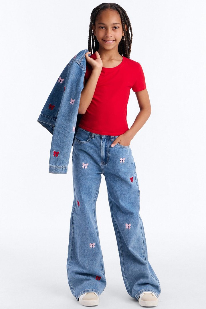 Mini Clara Embroidered Bow Straight Leg Jeans - Light Wash