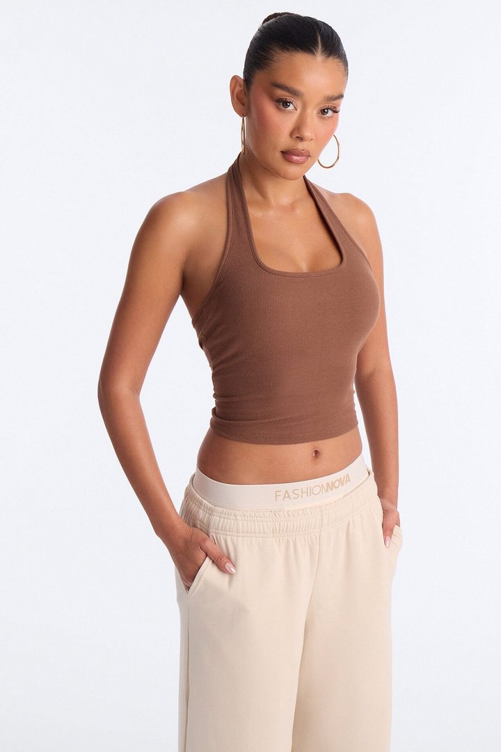 Becca Ribbed Built in Halter Top - Coco