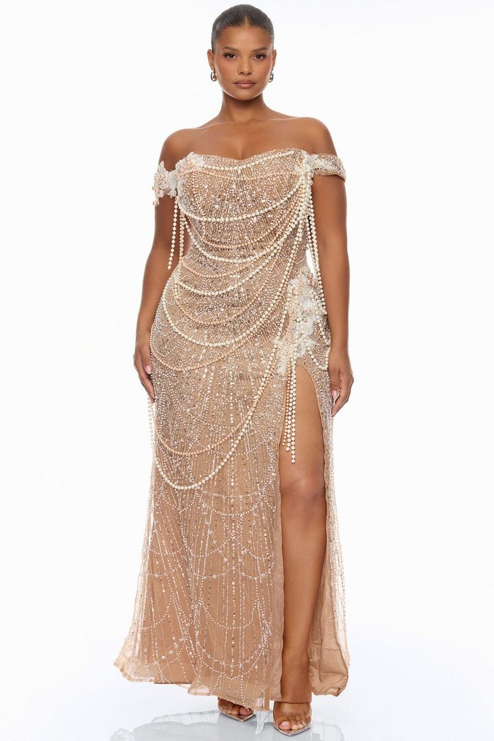 Diamonds And Pearls Embellished Gown - Nude
