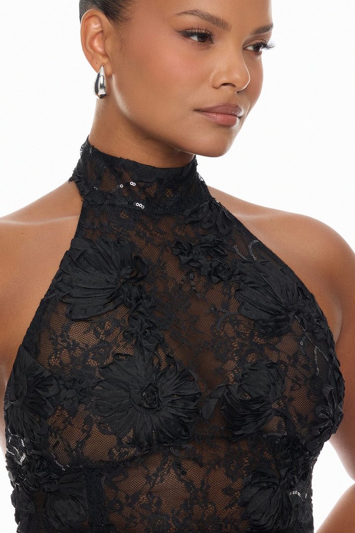 Marlene Sheer Lace Maxi Dress - Black