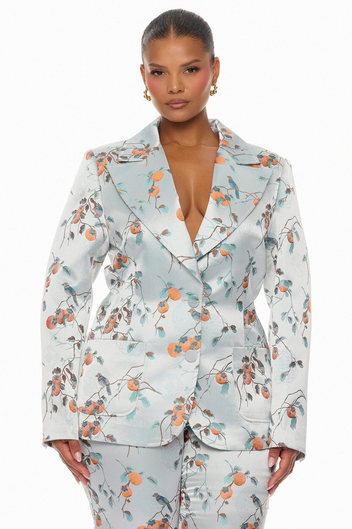 Amelya Jacquard Blazer Pant Set - Light Blue